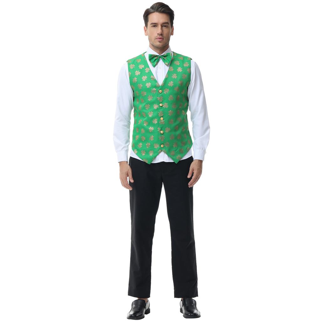 Oktoberfest Men's Waiter Vest Clothing Cos Suit, Green Printed Wine Party Men's Vest