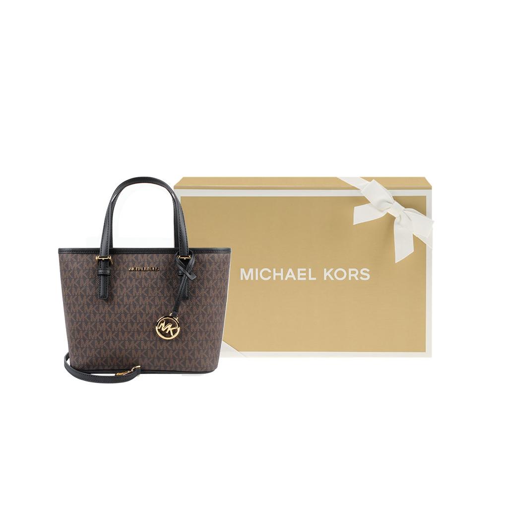 Michael Kors Mk Jet Set Монограмма Color Block Покрытый холст и кожаная отделка Сумка-тоут Сумка для покупок На плечо Через плечо Сумка Мини 35T9GTVT0B-BROWN-BLK