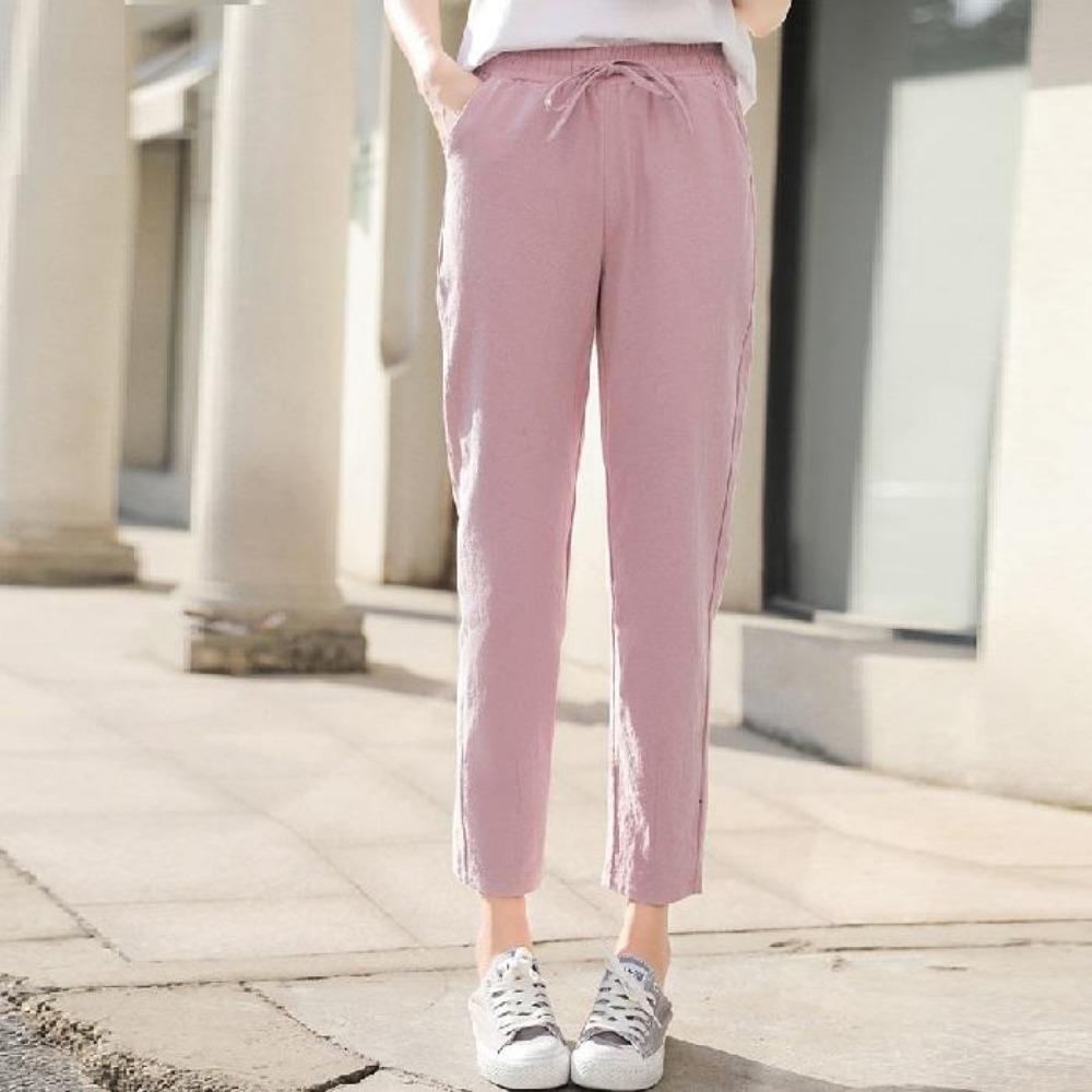 Женские однотонные брюки до щиколотки с эластичной резинкой на талии, весенне-летние женские брюки с карманами из чистого хлопка
