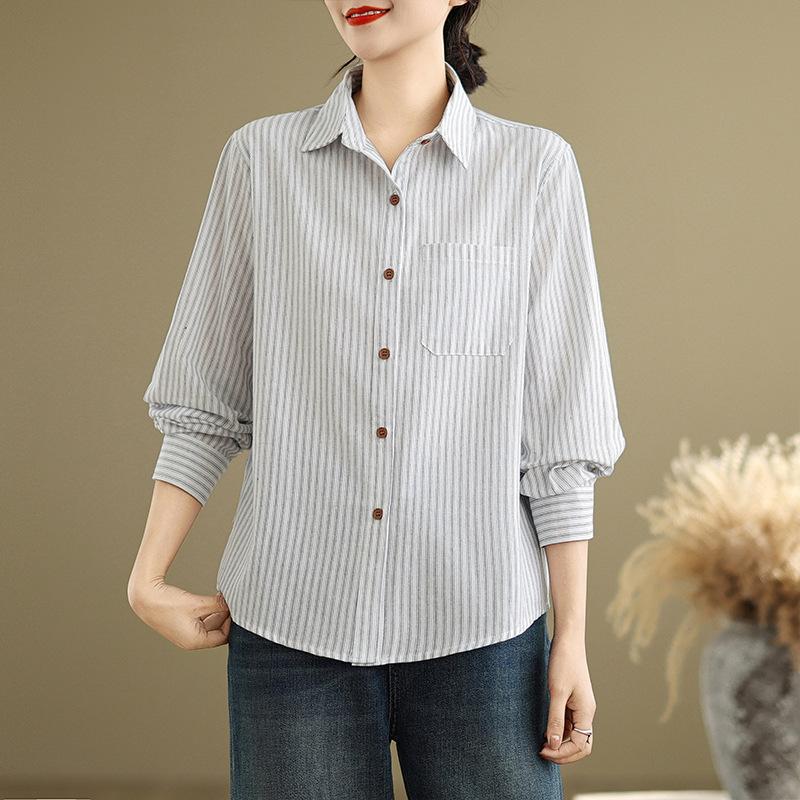 Весенняя художественная свободная рубашка с полосатым лацканом и длинными рукавами, женская рубашка, топ, блузки и рубашки