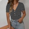 Women's Fashion Stripe V Neck Short Sleeved Pullover Casual T-shirt Top