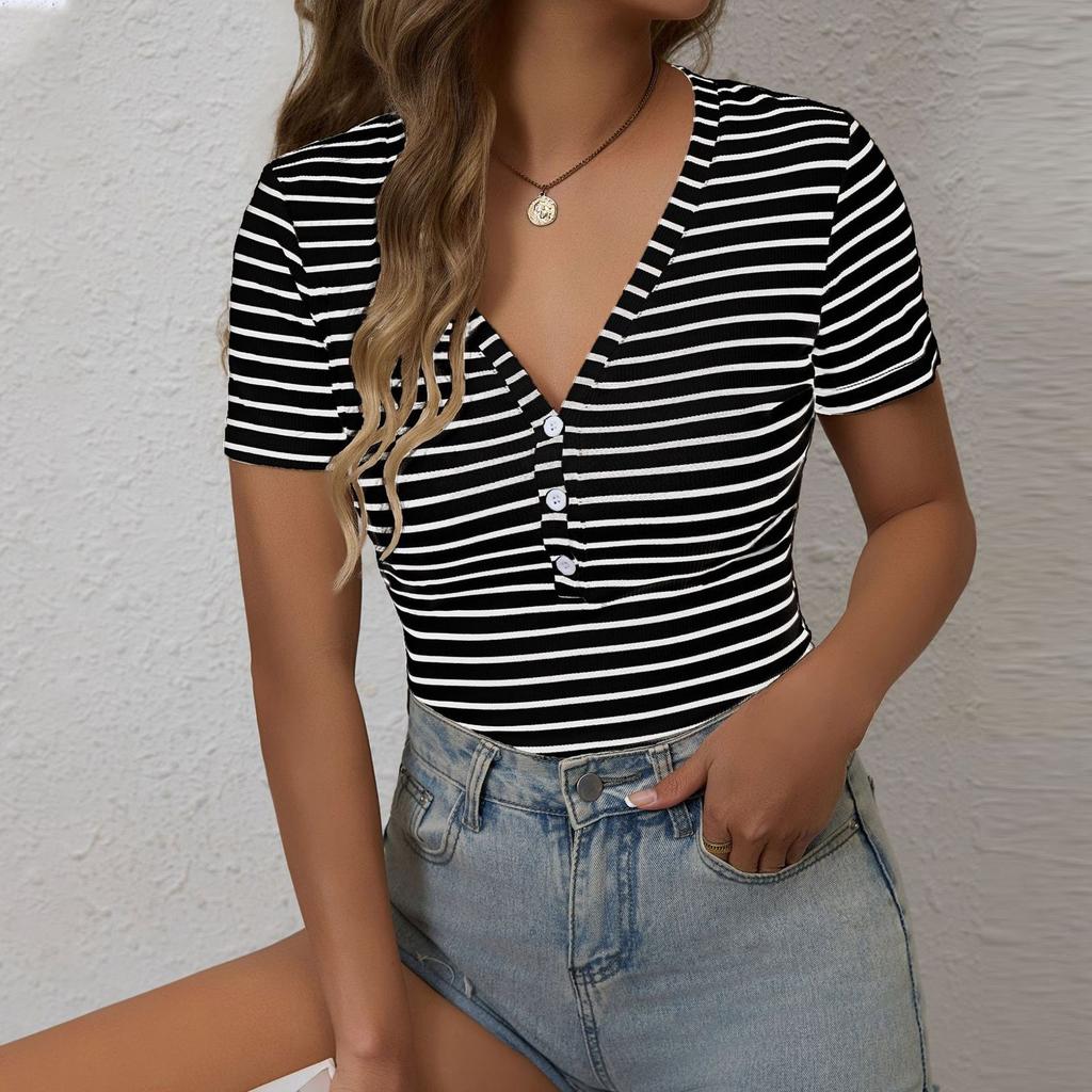 Women's Fashion Stripe V Neck Short Sleeved Pullover Casual T-shirt Top
