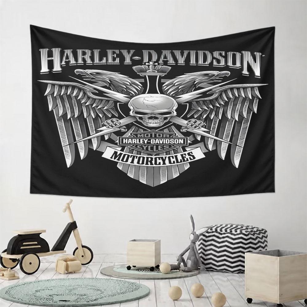 Harley-Davidson Skull Wings Design Pattern Wall Hanging Tapestry Decorative Tapestry Home Decor for Bedroom and Living Room
