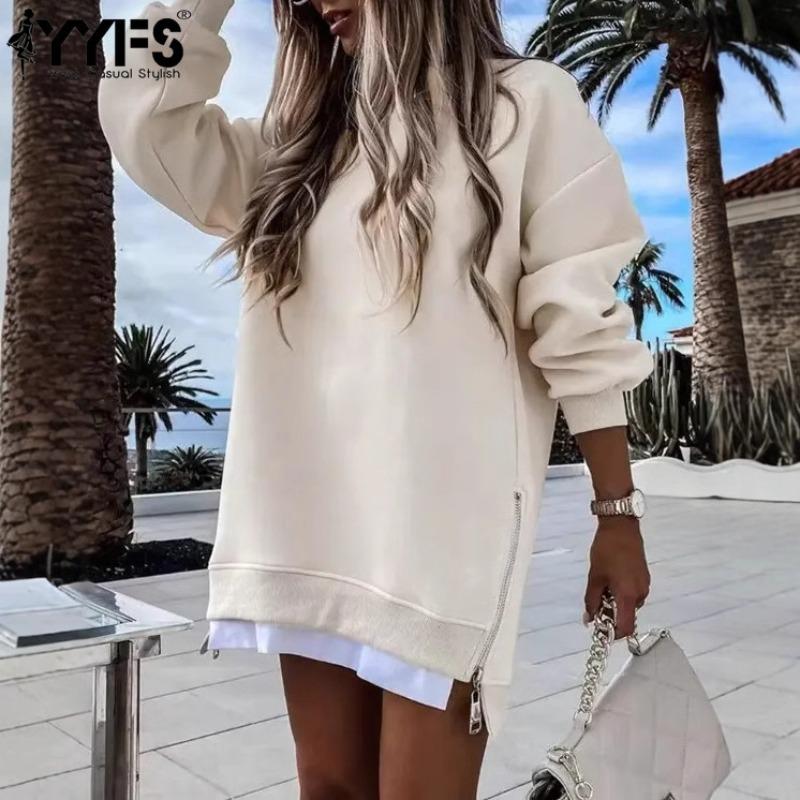 YYFS Женская мода, повседневные однотонные пуловеры с круглым вырезом и длинными рукавами, осень-зима с однотонным принтом