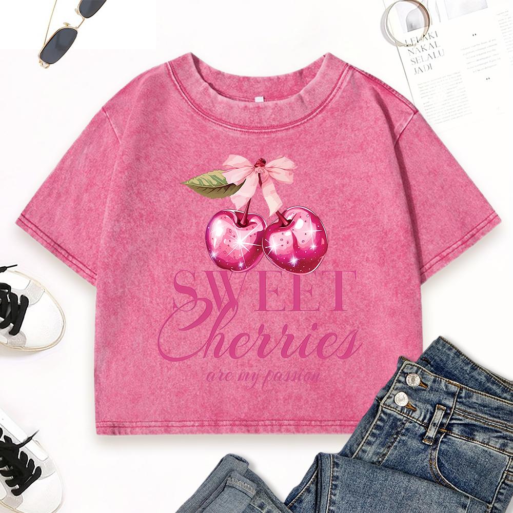 Sweet Cherry Are My Passion Print Women Washed T-Shirts Summer O-Neck Tee Shirt Cotton Casual Clothes Slim Top