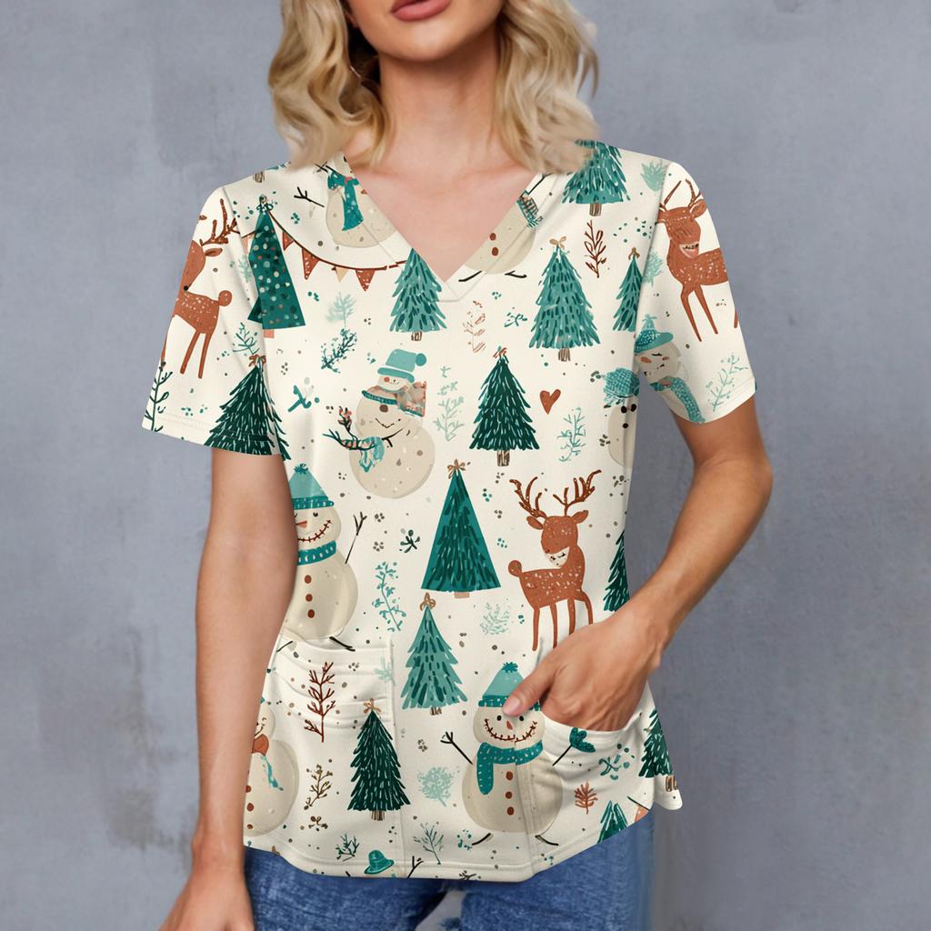 Women's Christmas Print V-Neck Double Pocket Short Sleeves Hem Slit Uniform And Caregiver Top