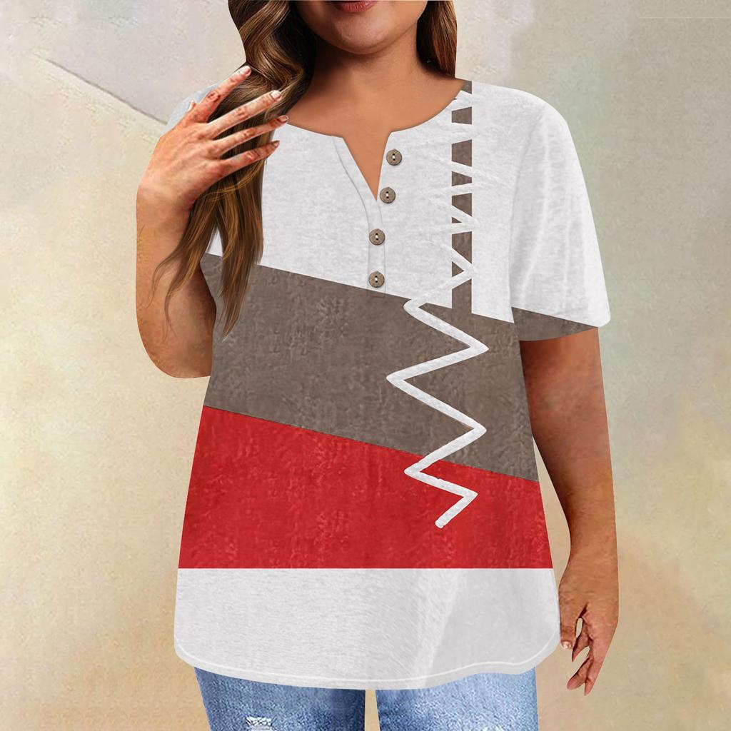 Fashion Short Sleeve Shirt Round Neck Plus Size T-Shirt Geometric Splicing Printed Casual Tops For Women