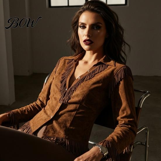 Slim Fit Fringe Blouse Women Tassel Shirt for Autumn, Button Down Regular Blouses Blouse, Solid Color Casual Long Sleeve Top, Western Cowgirl