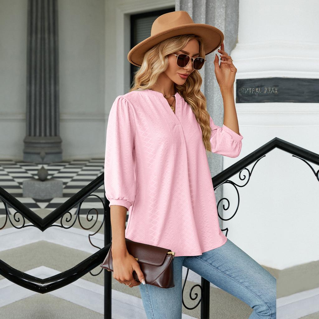 GMXIA Женские модные повседневные однотонные блузки и рубашки с v-образным вырезом и рукавом 3/4 с принтом