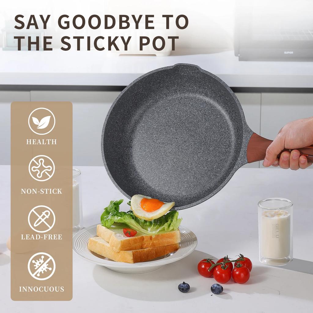 DONNOR Frying Pans Nonstick with Lid 9.5in/2.5qt Saucepan Granite Coating Omelette Pan Healthy Cookware Grilled Steak Pans