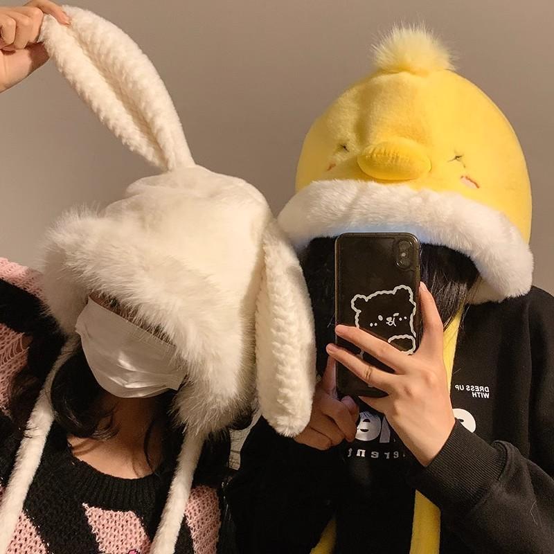 Милая плюшевая шапка с кроличьими ушками женская осенне-зимняя теплая и ветрозащитная с защитой ушей шапка-мешок на голову новая холодная шапка