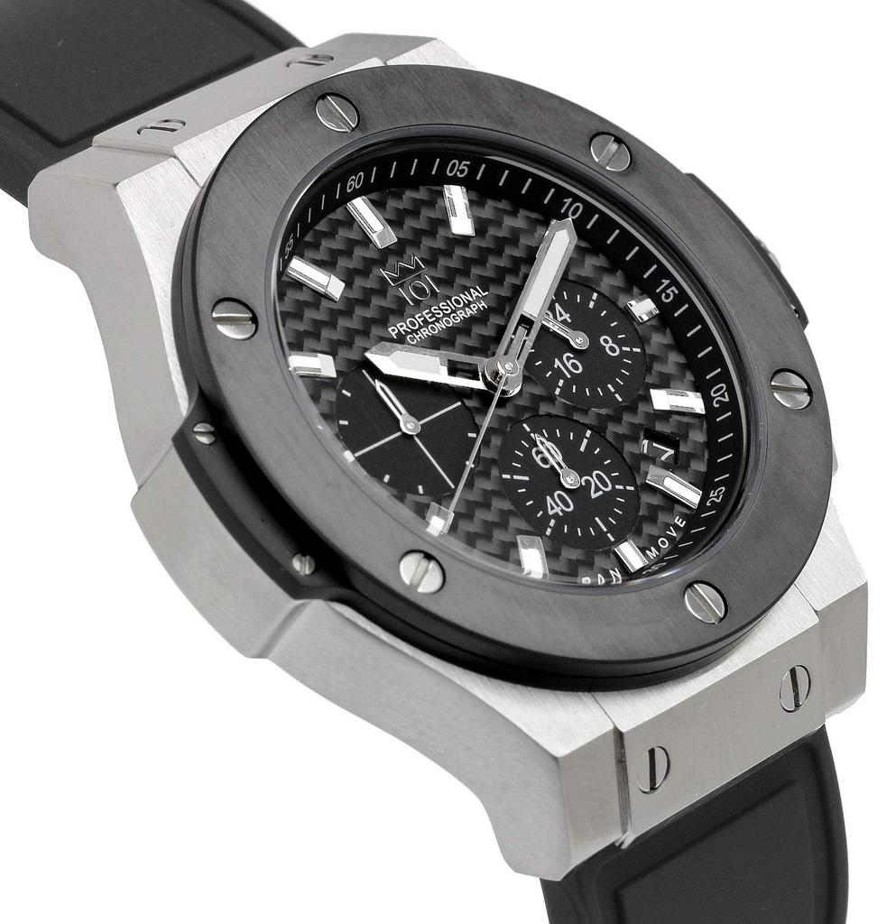 Часы Hyakuichi с водонепроницаемостью 100 м, хронографом, индикацией даты, резиновым ремешком, черным и серебристым углеродным волокном [HYAKUICHI 101] № 8, мужские