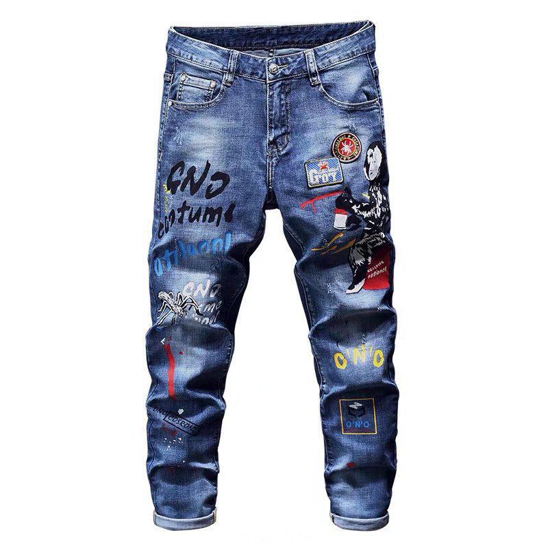 Мужские джинсы Slim Fit Graffiti в корейском стиле - модные летние узкие брюки с вышивкой