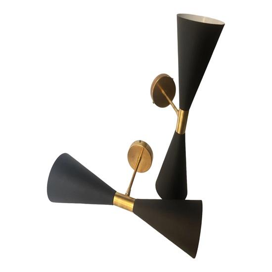 Mid-Century Modern Italian Diabolo Sconce Pair Black Brass Double Cone Wall Light Bedroom, Living Room, or Hallway Elegant MCM Lighting