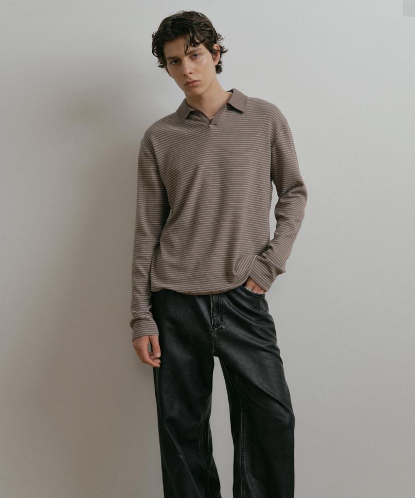 DUSTYWHITE Gray Boucle Striped Textured Collar T Shirt