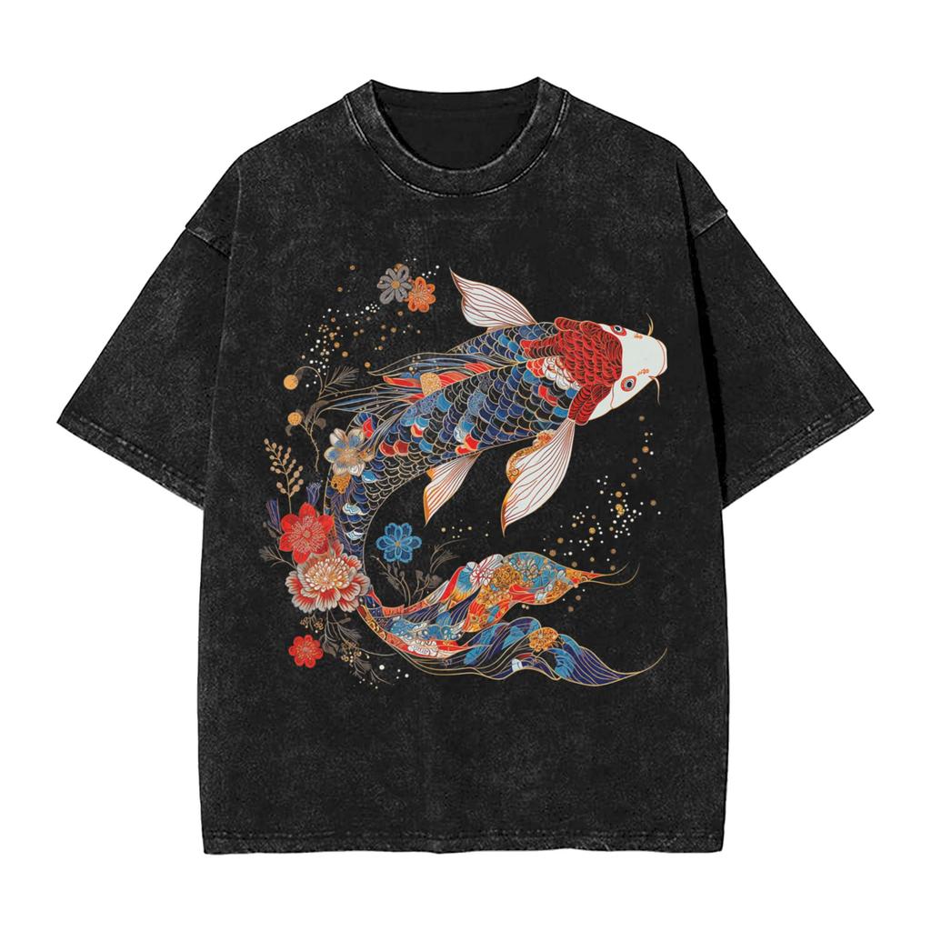 Koi Carp Fish Japanese T Shirts Washed Short Sleeve Harajuku TShirts Vintage Men Women Streetwear Printed Tee Shirt