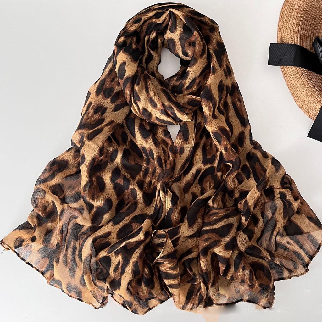 Шелковый шарф с леопардовым принтом, приятный для кожи, тонкий дизайн, длинный шарф, длинный шарф из балийской пряжи, универсальный женский шарф