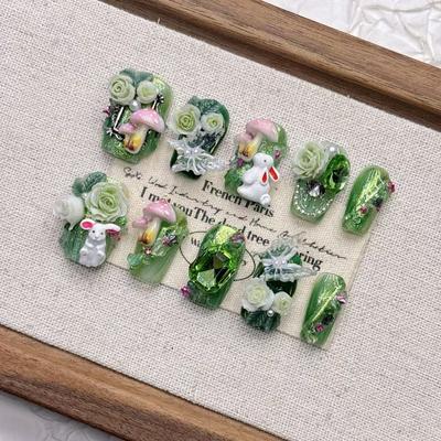 Квадратные накладные ногти миндалевидной формы, французский маникюр с 3D-дизайном, акриловые ногти с полным покрытием на клеевой основе, искусственные накладные ногти для женщин