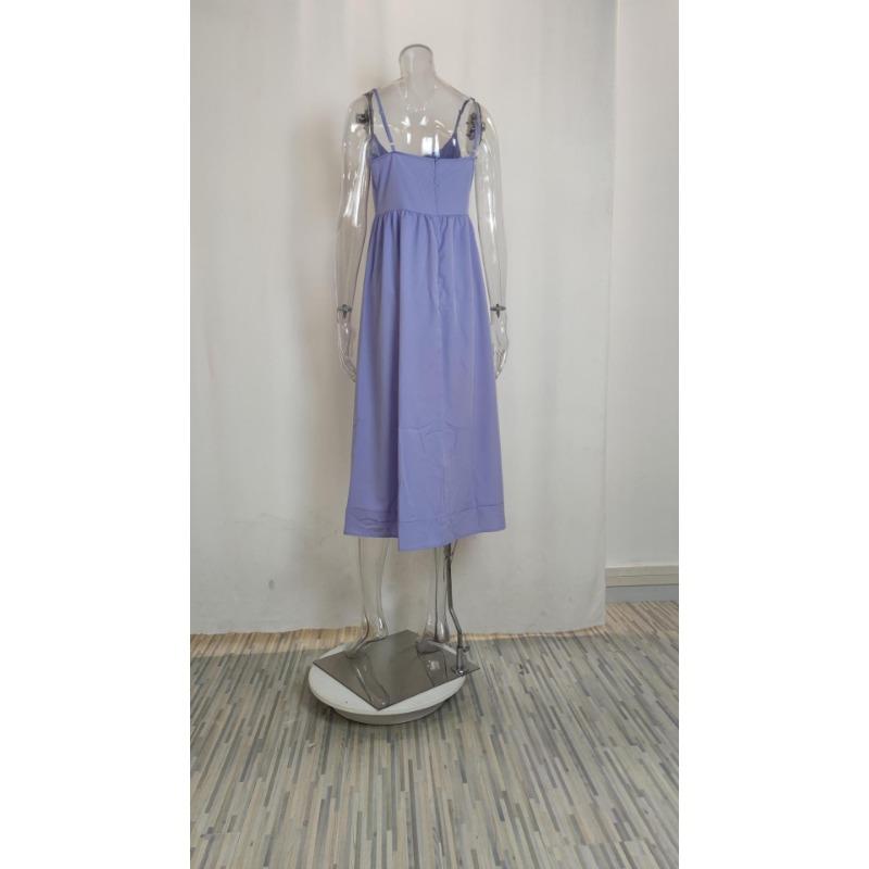 Women's Summer Solid Color Sexy U Neck Waisted Pleated Halter Swing Dresses