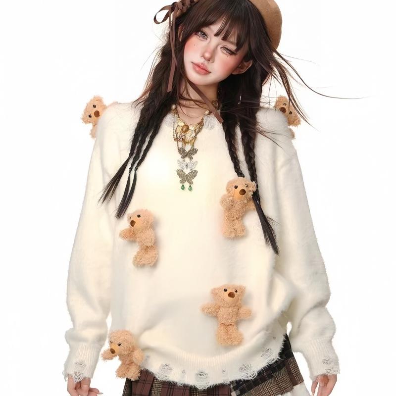 Милый и ленивый свитер женский с медвежьими аксессуарами, мягкий и восковой, осенне-зимний, свободный, с длинным рукавом, вязаный свитер-топ, женская одежда