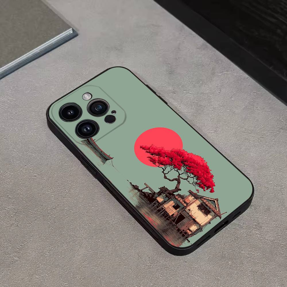 Японский стиль Укиё-э Новый Для iPhone 17,16,15,14,13,12,11,Pro,Max,Plus,E,SE4,Air,Mini Черный Мягкий Чехол для Телефона