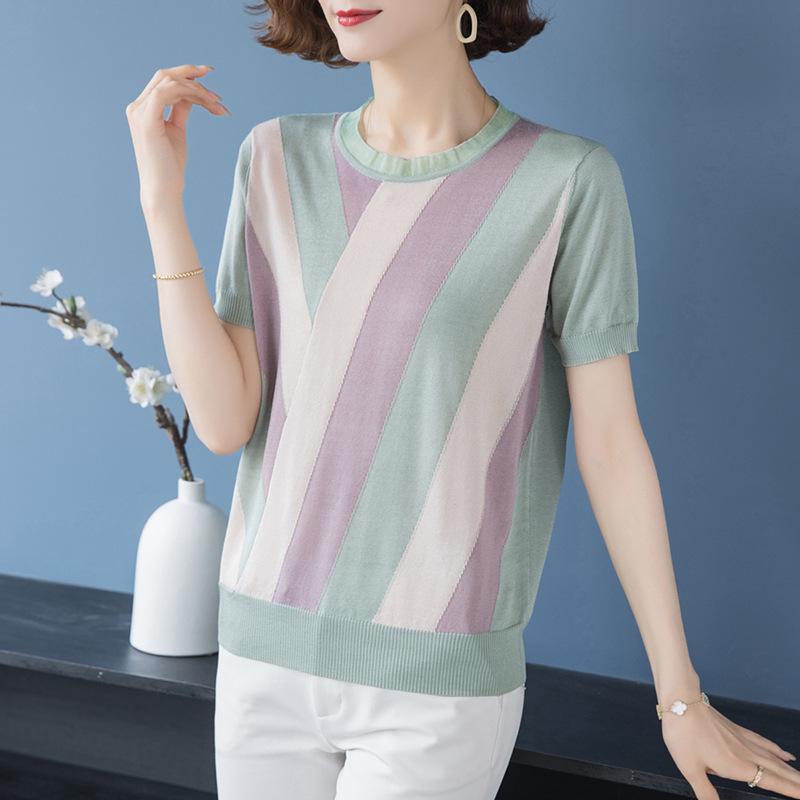 Mom's Ice Silk Stylish T-Shirt - Summer 2026: Fashionable Short-Sleeve Top for Middle-Aged and Elderly Women
