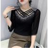 Летние новые женские сетчатые футболки топы модные сексуальные с перекрестным вырезом горячие с бриллиантами с рукавами до локтя базовая футболка эластичная