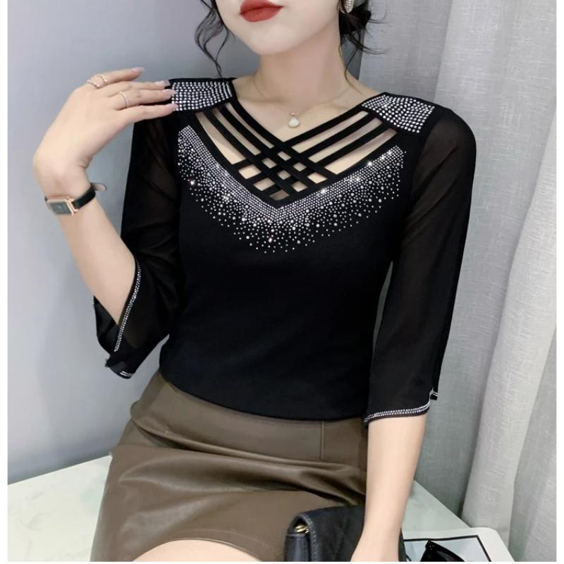 Летние новые женские сетчатые футболки топы модные сексуальные с перекрестным вырезом горячие с бриллиантами с рукавами до локтя базовая футболка эластичная