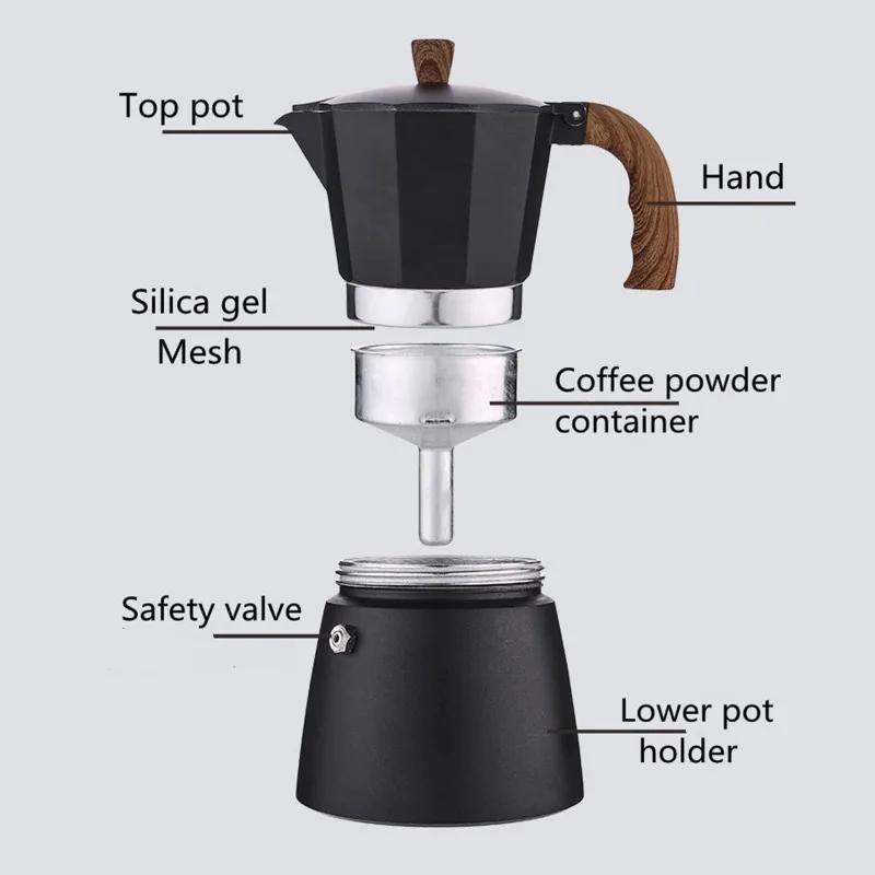 JUSTINLAU Italian Moka Pots Wood Handle Aluminum Espresso Coffee Maker Percolator Stove Top Pot Barista Tools Cafe Accessories