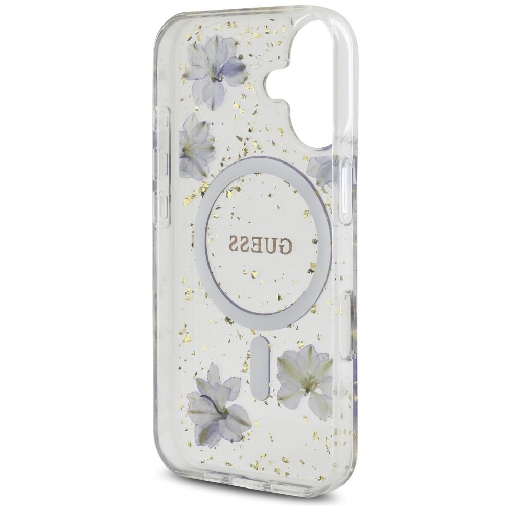 Etui do iPhone 16 Guess MagSafe Glitter Kwiaty Fioletowe