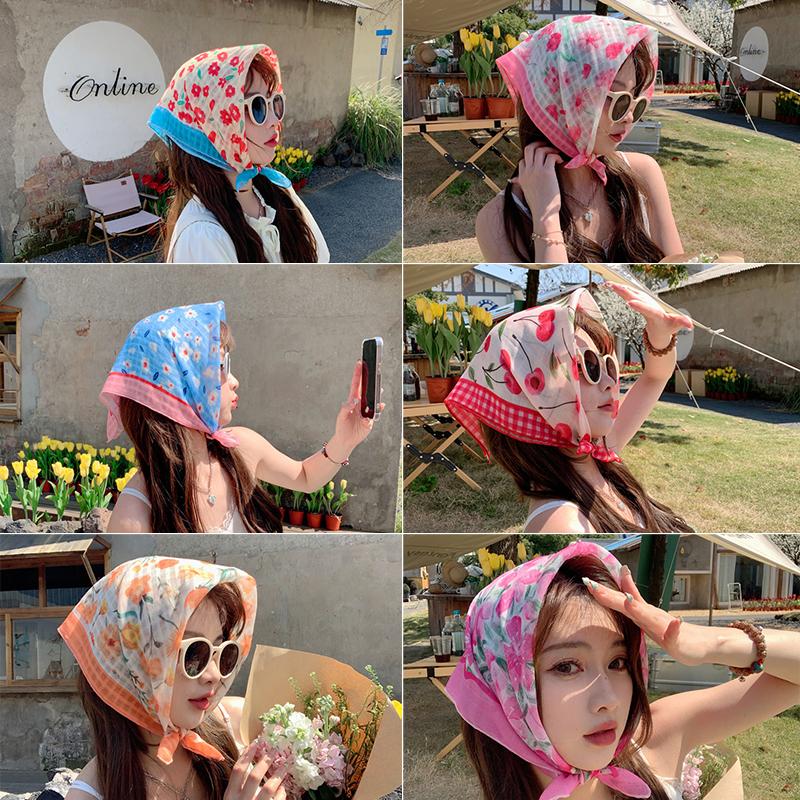 55Cm Sweet Floral Print Small Square Scarf For Women Girl Cute Soft Flower Scarf Hairband Headband Korean Hair Scarves