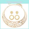 Fashion Solid Color Hollow Design Women Metal Necklace Collar Round Earring Set For Gift And Occasion