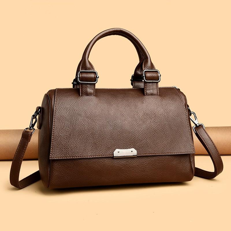 Кожаная женская сумка винтажного стиля, сумка-бостон с регулируемым ремешком, женская однотонная сумка через плечо