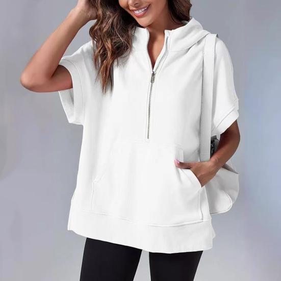 Summer Women Hoodie Half Zipper Short Sleeves Solid Color Pullover Loose with Pocket Casual