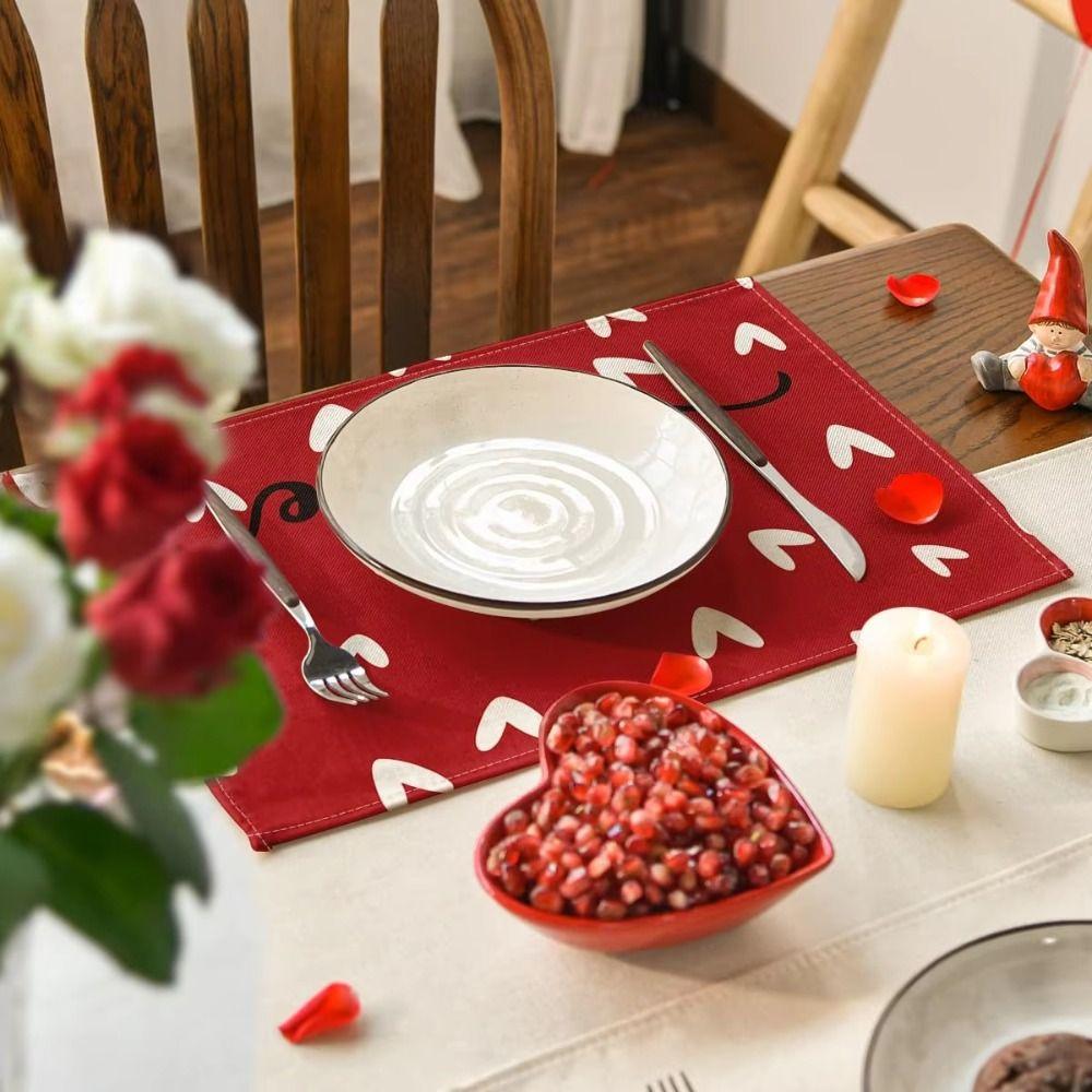 4Pcs 30x45cm Red Love Hearts Table Mats Linen Dining Table Mat Farmhouse Burlap Placemat  Kitchen