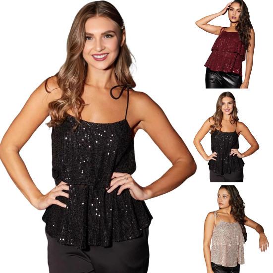 Сексуальный топ-майка на бретелях, двухслойный, с блестящими пайетками, женский, с блестящими деталями, обычный