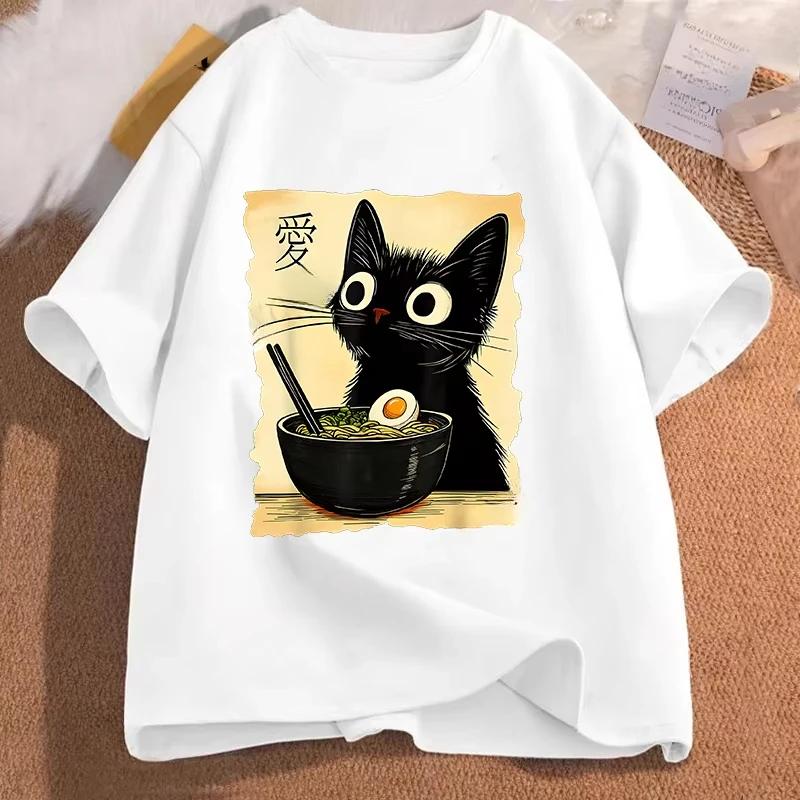 Women Funny Cat Ramen Graphic Tee Japanese Kawaii Anime Cat T-Shirt Fashion T-shirts Short Sleeve Clothes Trend Casual Tshirts