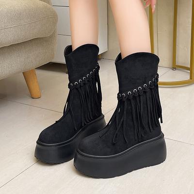 Модные женские туфли на высоком каблуке с кисточками, 8 см, толстая платформа, ботинки до середины икры, кожаные массивные туфли, женские осенне-зимние мотоциклетные ботинки, боты