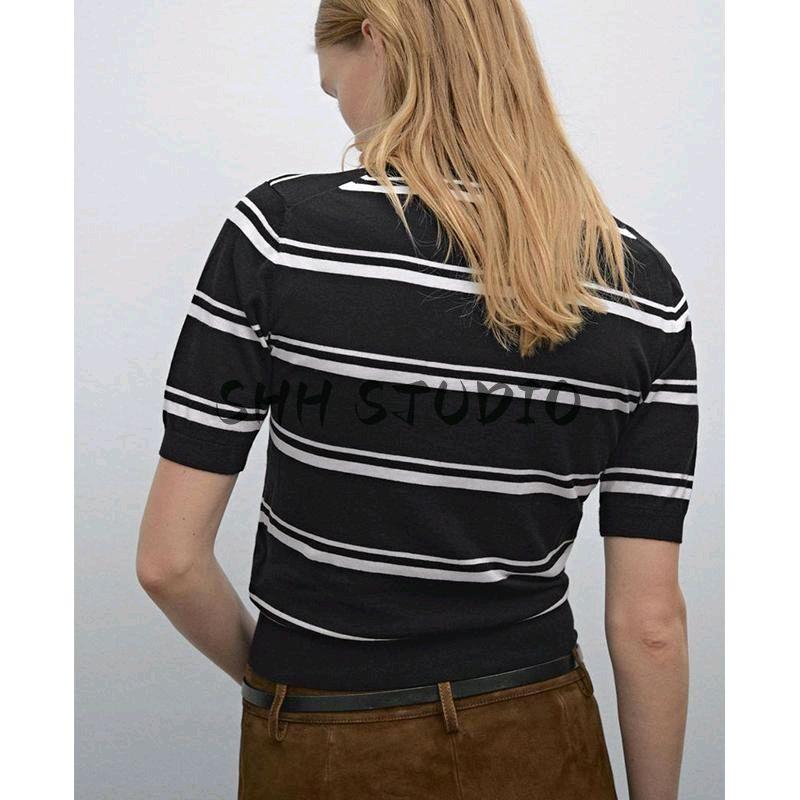 MD Women's Spring Clothing American Preppy Style Sea Blue Stripes Slim Fit Short-Sleeved Knitting Polo Shirt 5664684