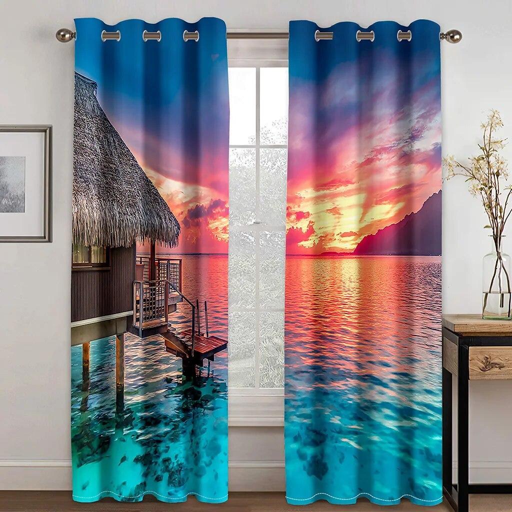 Cheap 3D Printing Sea Semi Sunshade Curtain Thin Polyester Beach Scenery For Bedroom Living Room Home Hook Decor