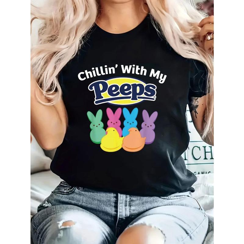Женская футболка с графическим принтом 'Easter Chillin' with My Peeps', европейский размер - Милый принт с кроликом и цыпленком, короткий рукав, круглый вырез, повседневный топ, весна-лето
