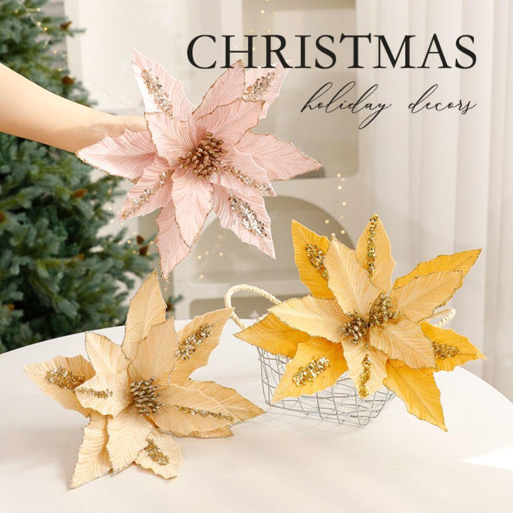 Sequins Artificial Poinsettia Flower Large Christmas Tree Ornaments Holiday Festival Decor