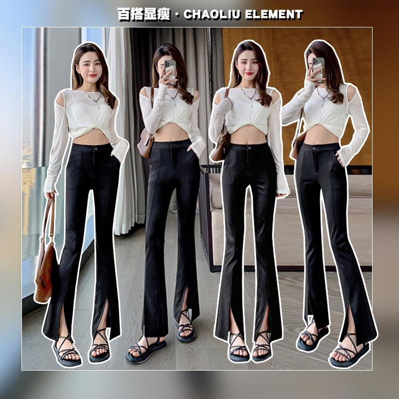 Расклешенные брюки детские весенне-летние новые с высокой талией тонкие драпирующиеся черные костюмные женские брюки летние с разрезом спереди слегка присборенные