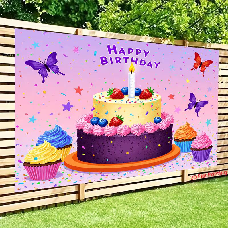 2D Happy Birthday Themed Backdrop, Cake, Cupcakes and Butterflies for Sweet Birthday Celebrations