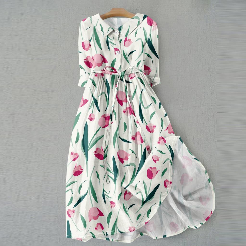 Women's Fashion Vintage Floral Print Lapel Button Three Quarter Sleeves Strappy Dress