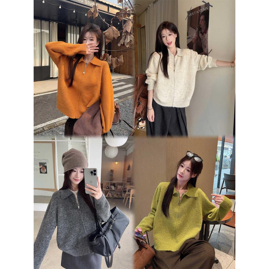 Универсальный трикотажный кардиган для通勤, женский осенне-зимний на молнии с воротником поло, многослойный повседневный свитер-жакет