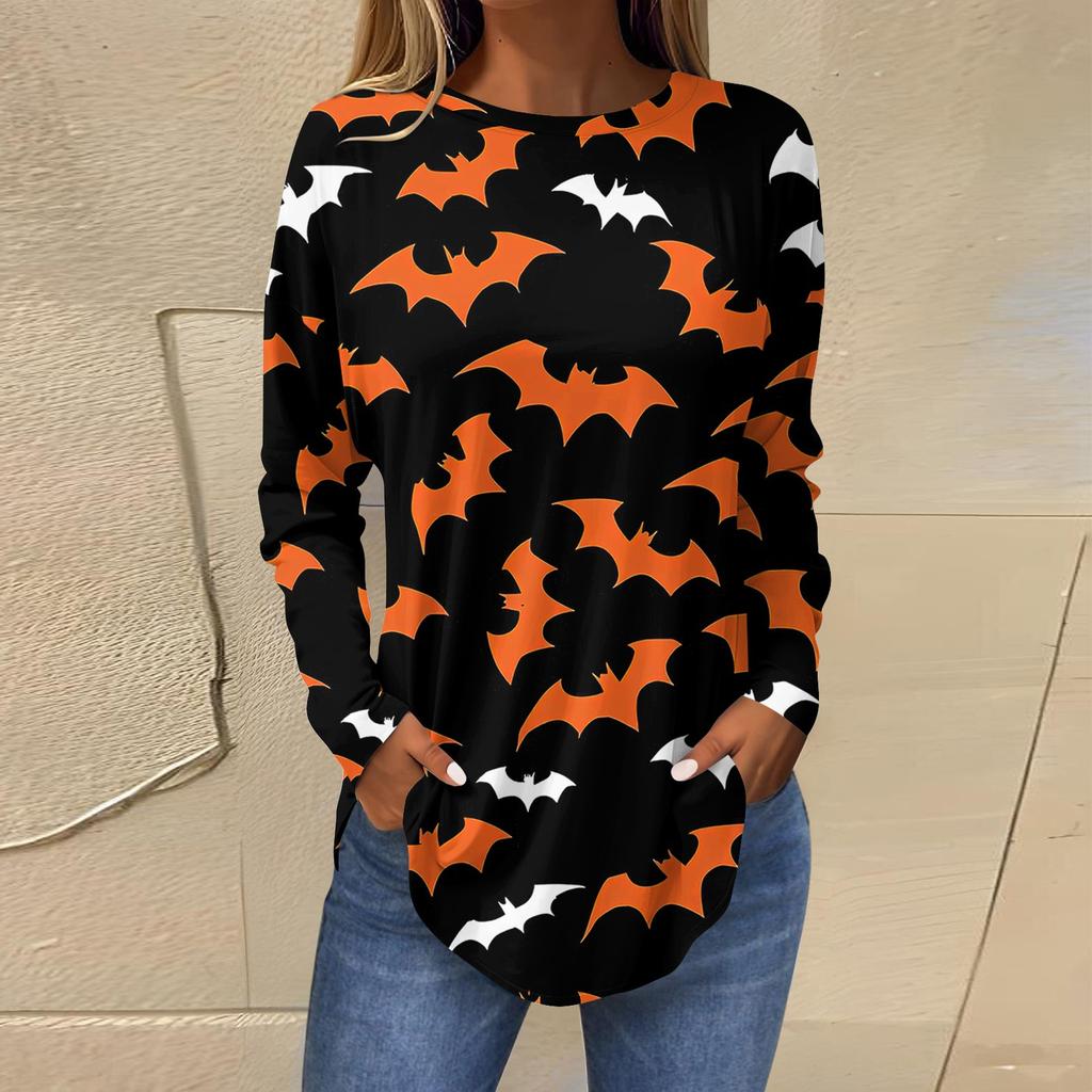 Women's Loose Round Neck Print Long Sleeve T-Shirt Top Pullover