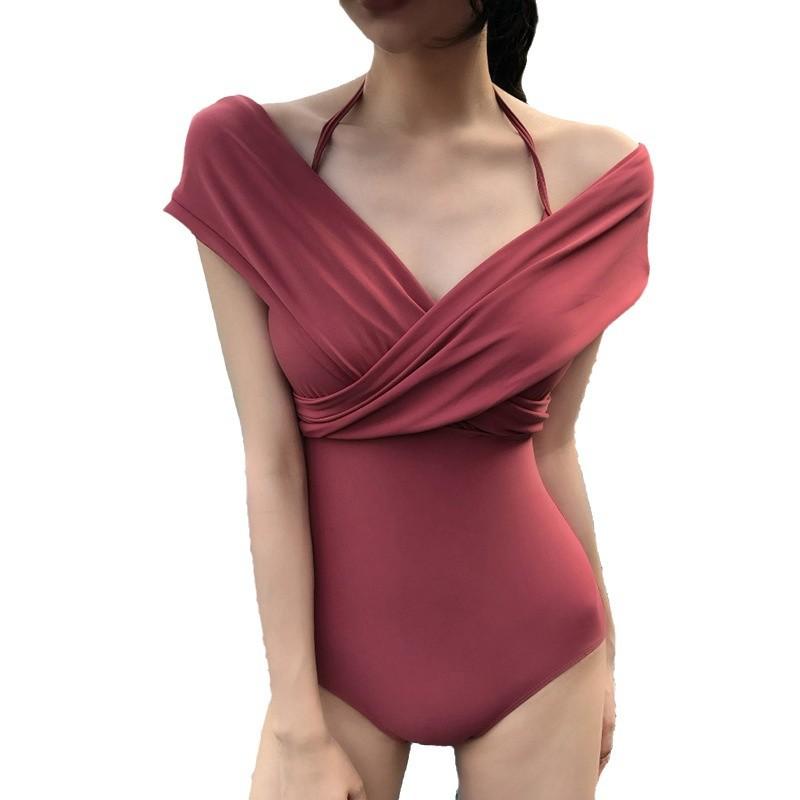 Korean hot spring swimsuit vacation one-piece swimsuit female Korean version sexy waist backless cross beautiful deep V-neck