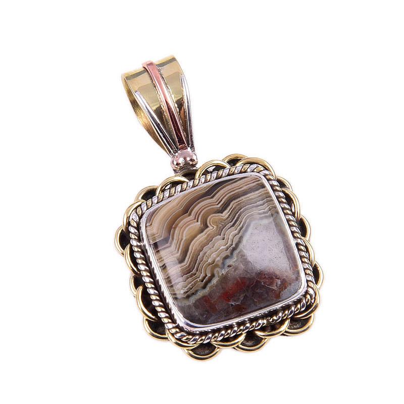 Natural Crazy Lace Agate Gemstone 925 Solid Silver Two Tone Pendant 1.25'' T5d90