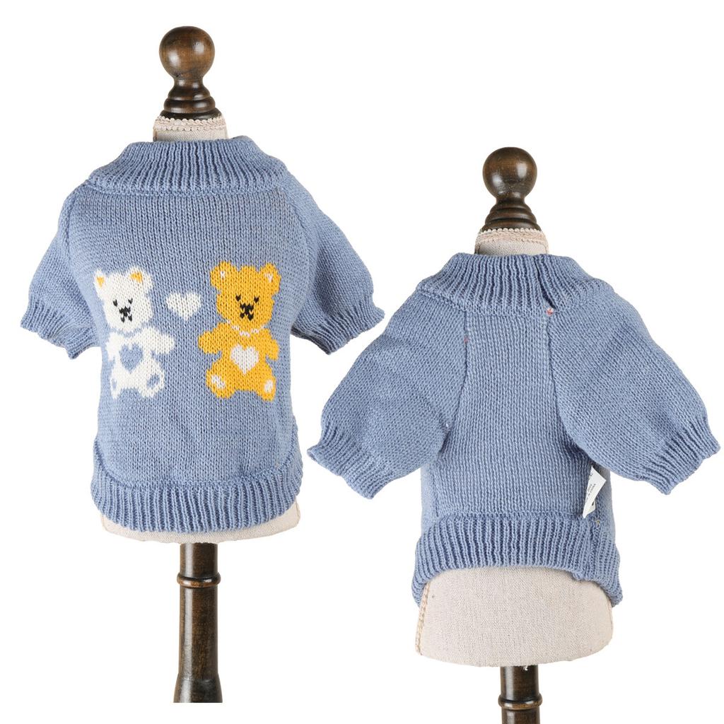 Light blue heart-shaped double bear pet knit sweater, soft and cozy round neck pullover, warm top for dogs and cats, autumn and winter clothing
